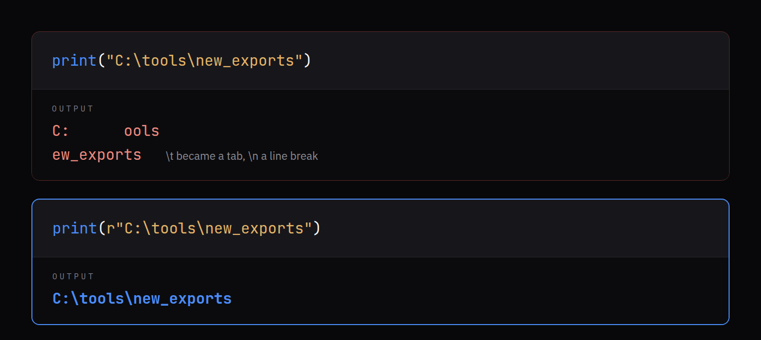 A Windows path printed twice. Without the r prefix, the backslash-t becomes a tab and backslash-n a line break, splitting the path. With the r prefix, the path prints exactly as written