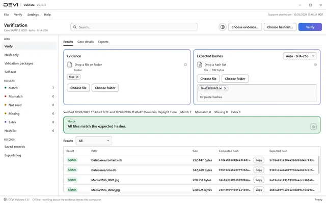 DEVI Validate verification screen